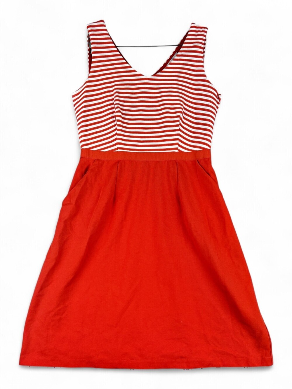 Boden Red Striped A-Line Midi Dress Sleeveless V-Neck Pockets WW268 Size 12